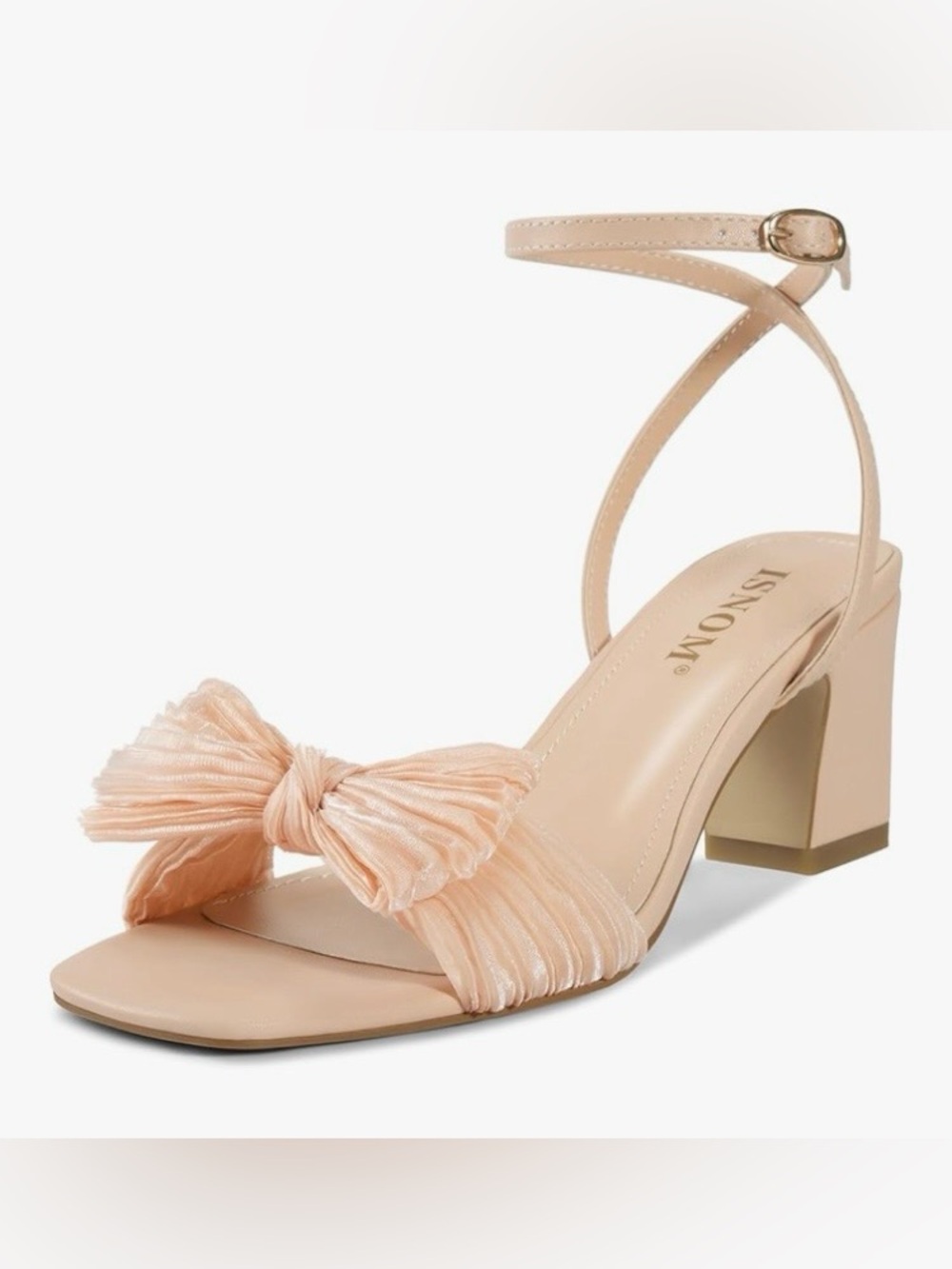 ISNOM Women's Bow Knot Heeled Sandals Ankle Buckle Strap Open Toe,Size 6.5